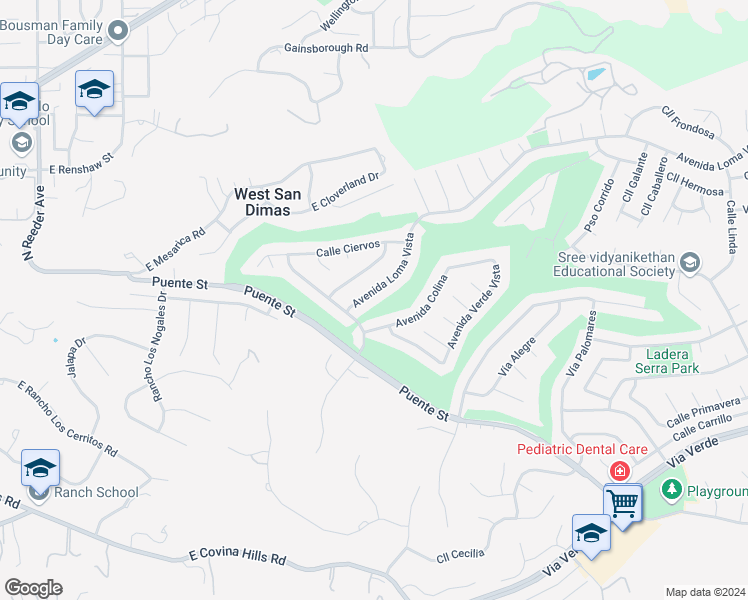 map of restaurants, bars, coffee shops, grocery stores, and more near 1626 Avenida Loma Vista in San Dimas