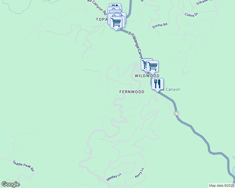 map of restaurants, bars, coffee shops, grocery stores, and more near 816 Basin Drive in Topanga