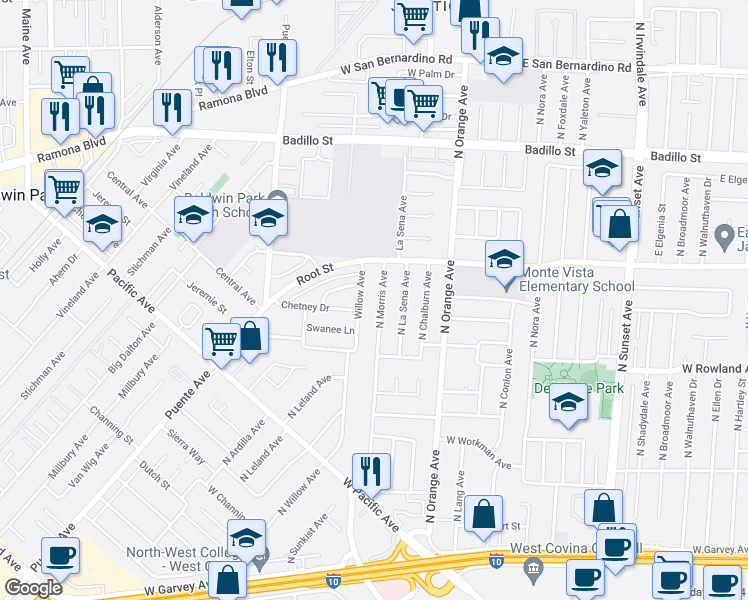 map of restaurants, bars, coffee shops, grocery stores, and more near 601 North Morris Avenue in West Covina