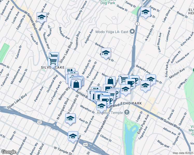 map of restaurants, bars, coffee shops, grocery stores, and more near 1330 Coronado Terrace in Los Angeles