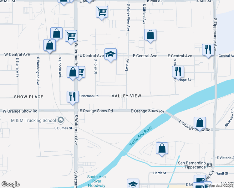 map of restaurants, bars, coffee shops, grocery stores, and more near 564 East Norman Road in San Bernardino