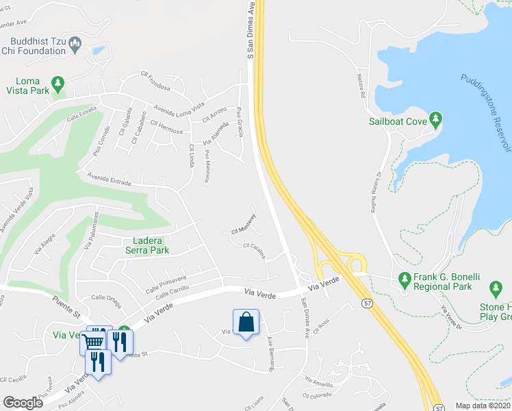 map of restaurants, bars, coffee shops, grocery stores, and more near 520 Calle Monterey in San Dimas