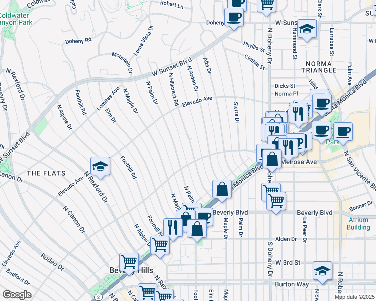 map of restaurants, bars, coffee shops, grocery stores, and more near 607 North Hillcrest Road in Beverly Hills