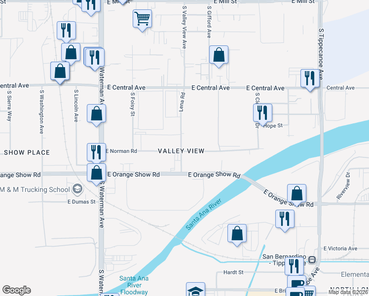 map of restaurants, bars, coffee shops, grocery stores, and more near 634 East Norman Road in San Bernardino