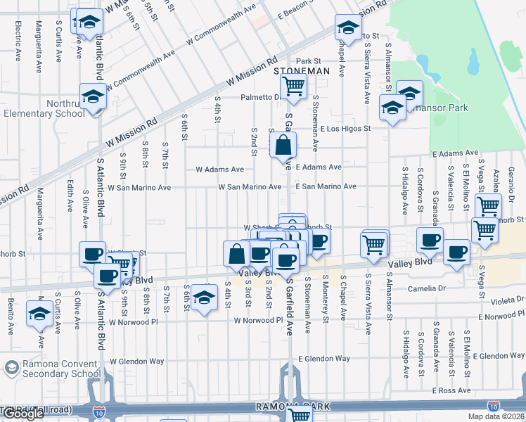 map of restaurants, bars, coffee shops, grocery stores, and more near 1132 South 3rd Street in Alhambra