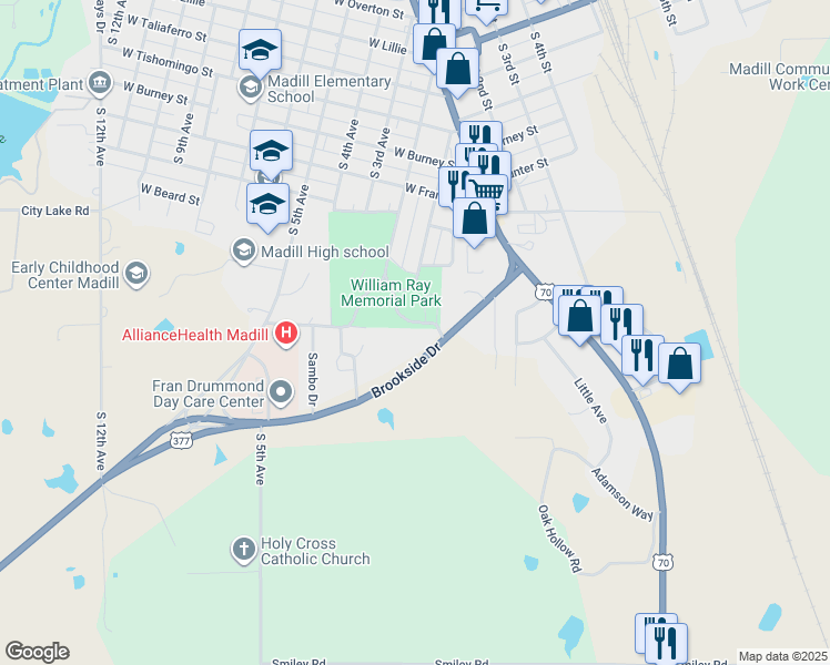 map of restaurants, bars, coffee shops, grocery stores, and more near 102 Park Drive in Madill