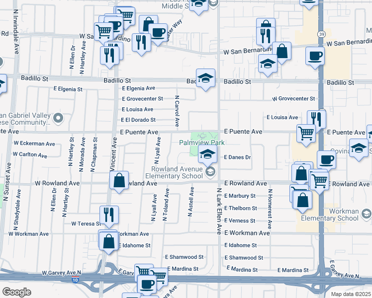 map of restaurants, bars, coffee shops, grocery stores, and more near 1309 East Carlton Avenue in West Covina