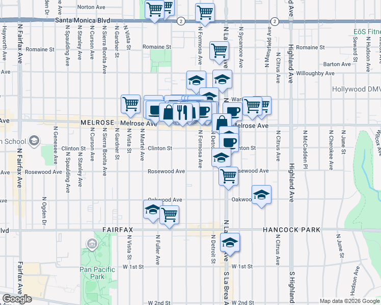 map of restaurants, bars, coffee shops, grocery stores, and more near 538 North Alta Vista Boulevard in Los Angeles