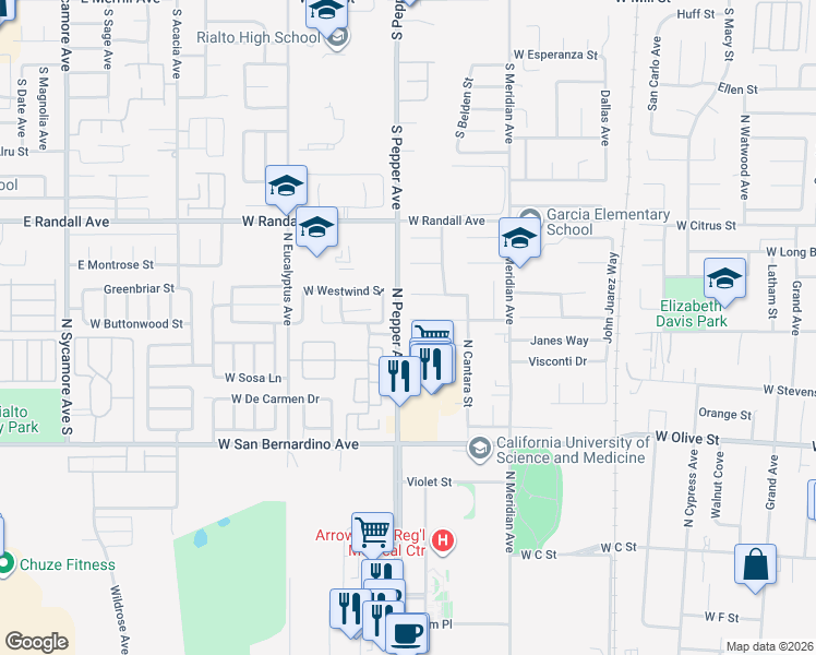 map of restaurants, bars, coffee shops, grocery stores, and more near 1590 West Poema Drive in Colton