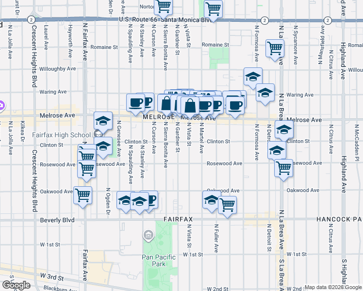map of restaurants, bars, coffee shops, grocery stores, and more near 542 North Gardner Street in Los Angeles