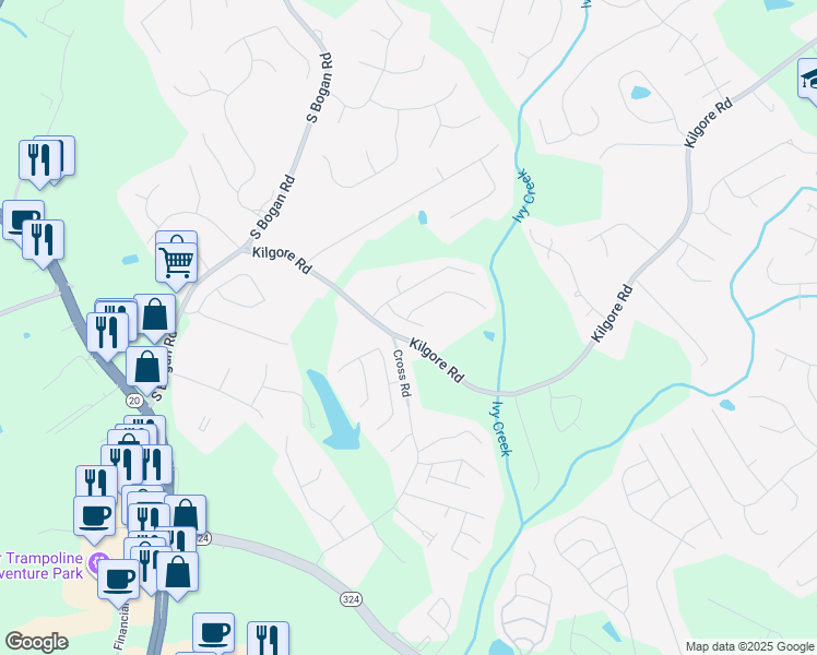 map of restaurants, bars, coffee shops, grocery stores, and more near 3446 Big Leaf Court in Buford