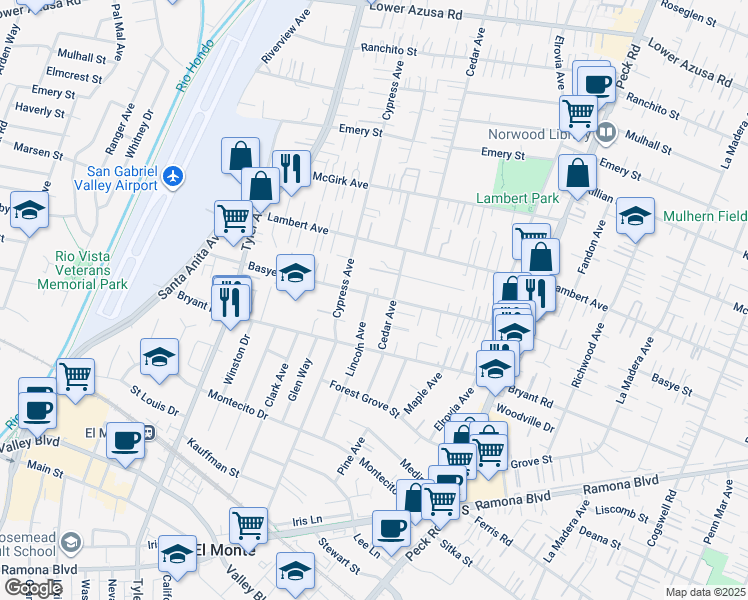 map of restaurants, bars, coffee shops, grocery stores, and more near 4162 Lincoln Avenue in El Monte