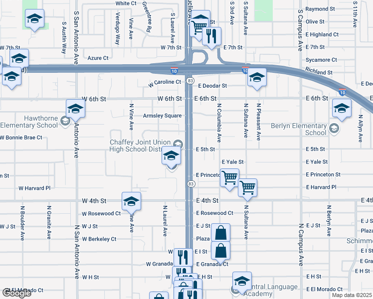 map of restaurants, bars, coffee shops, grocery stores, and more near N Euclid Ave & E 5th St in Ontario