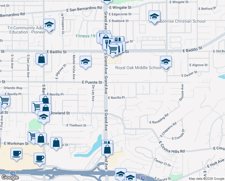 map of restaurants, bars, coffee shops, grocery stores, and more near 3629 North Shadyglen Drive in Covina