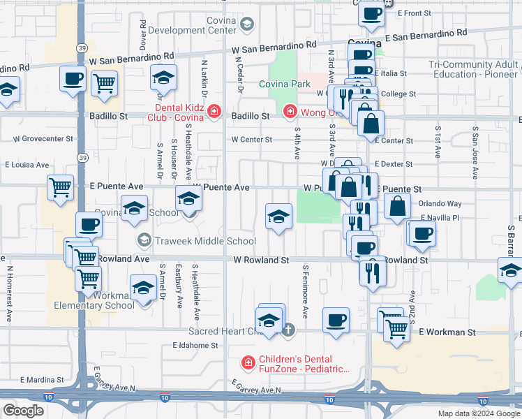 map of restaurants, bars, coffee shops, grocery stores, and more near 450 South Hepner Avenue in Covina