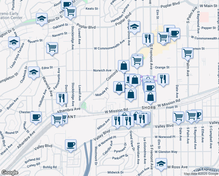 map of restaurants, bars, coffee shops, grocery stores, and more near 1104 Winthrop Drive in Alhambra