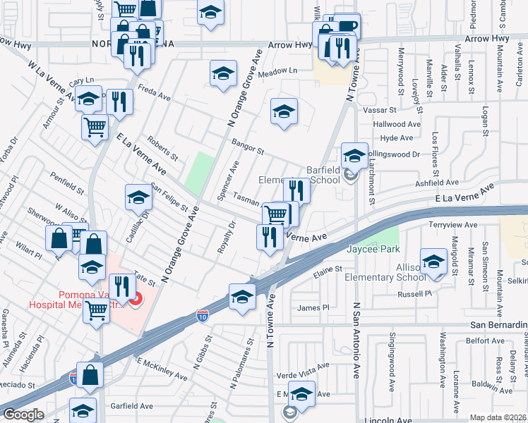 map of restaurants, bars, coffee shops, grocery stores, and more near 514 Tasman Avenue in Pomona