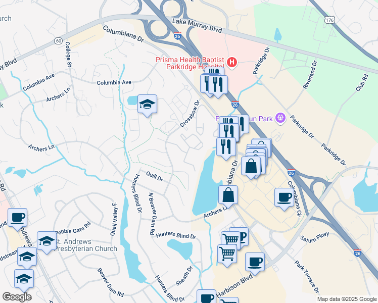 map of restaurants, bars, coffee shops, grocery stores, and more near 250 Crossbow Drive in Columbia