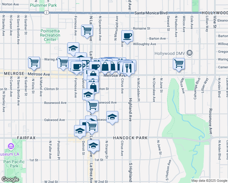 map of restaurants, bars, coffee shops, grocery stores, and more near 543 North Mansfield Avenue in Los Angeles