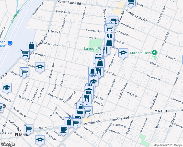 map of restaurants, bars, coffee shops, grocery stores, and more near 11500 Lambert Avenue in El Monte