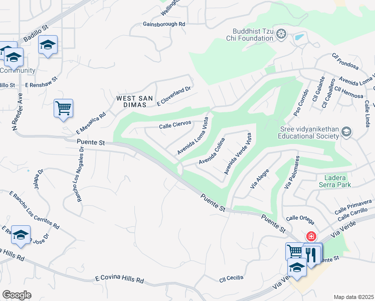 map of restaurants, bars, coffee shops, grocery stores, and more near 1608 Avenida Loma Vista in San Dimas