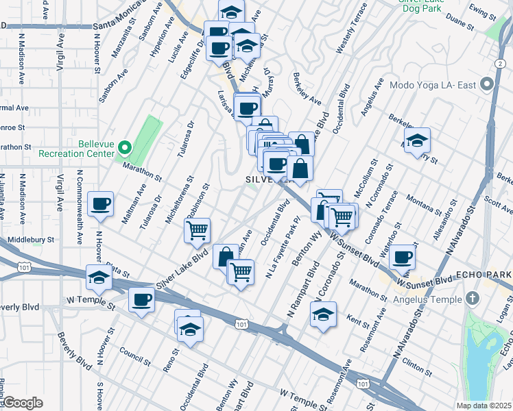 map of restaurants, bars, coffee shops, grocery stores, and more near 839 Parkman Avenue in Los Angeles
