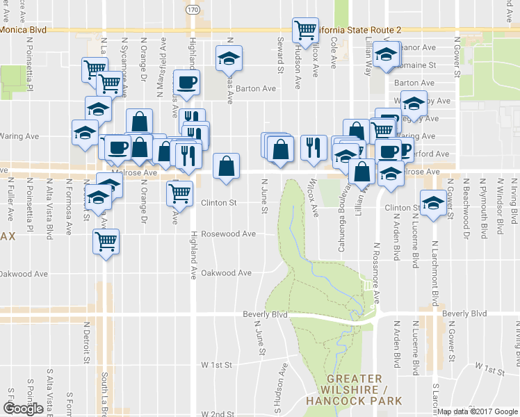 map of restaurants, bars, coffee shops, grocery stores, and more near 543 North June Street in Los Angeles