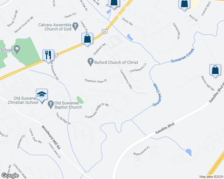 map of restaurants, bars, coffee shops, grocery stores, and more near 3865 Suwanee Mill Drive Northeast in Buford