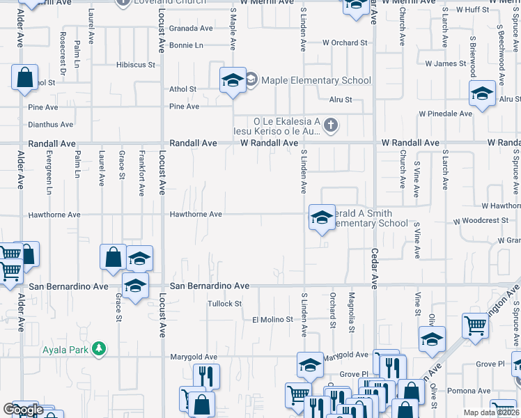 map of restaurants, bars, coffee shops, grocery stores, and more near 18382 Hawthorne Avenue in Bloomington