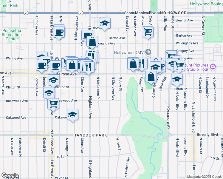 map of restaurants, bars, coffee shops, grocery stores, and more near 543 North Cherokee Avenue in Los Angeles
