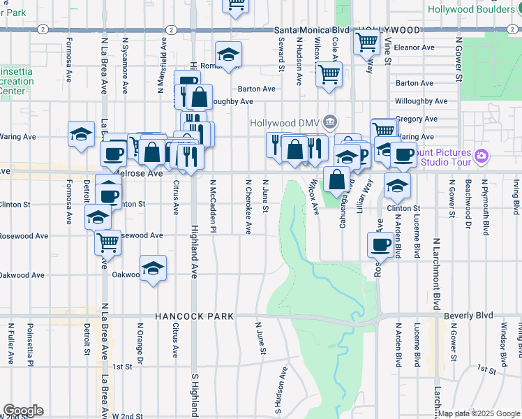 map of restaurants, bars, coffee shops, grocery stores, and more near 543 North June Street in Los Angeles