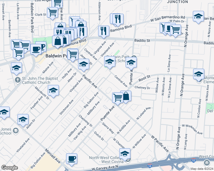 map of restaurants, bars, coffee shops, grocery stores, and more near 14801 Pacific Avenue in Baldwin Park