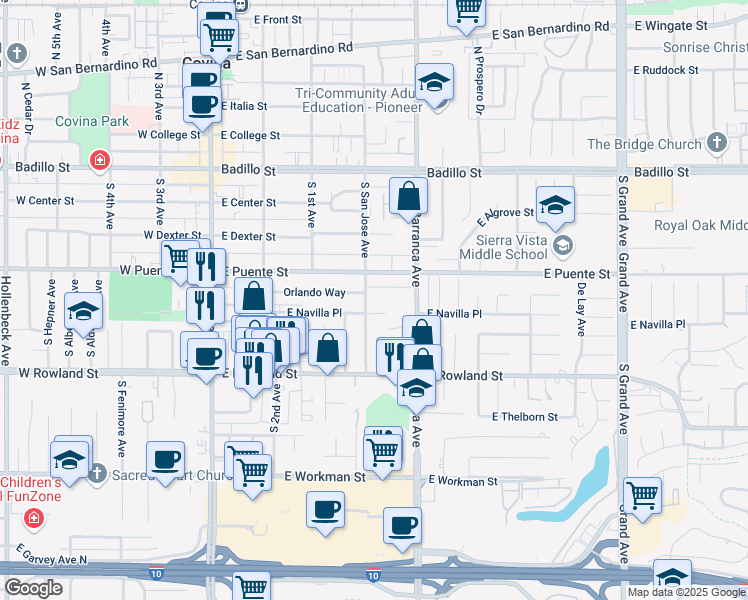 map of restaurants, bars, coffee shops, grocery stores, and more near 436 South San Jose Avenue in Covina