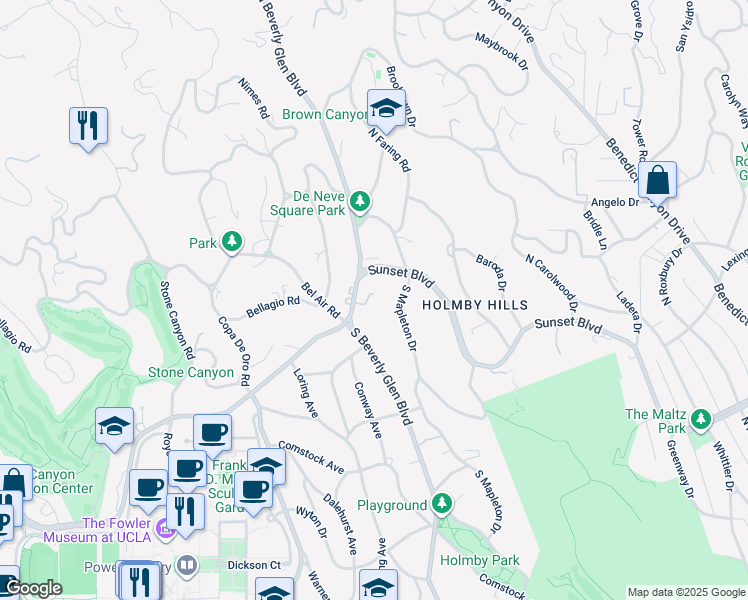 map of restaurants, bars, coffee shops, grocery stores, and more near 10372 Sunset Boulevard in Los Angeles