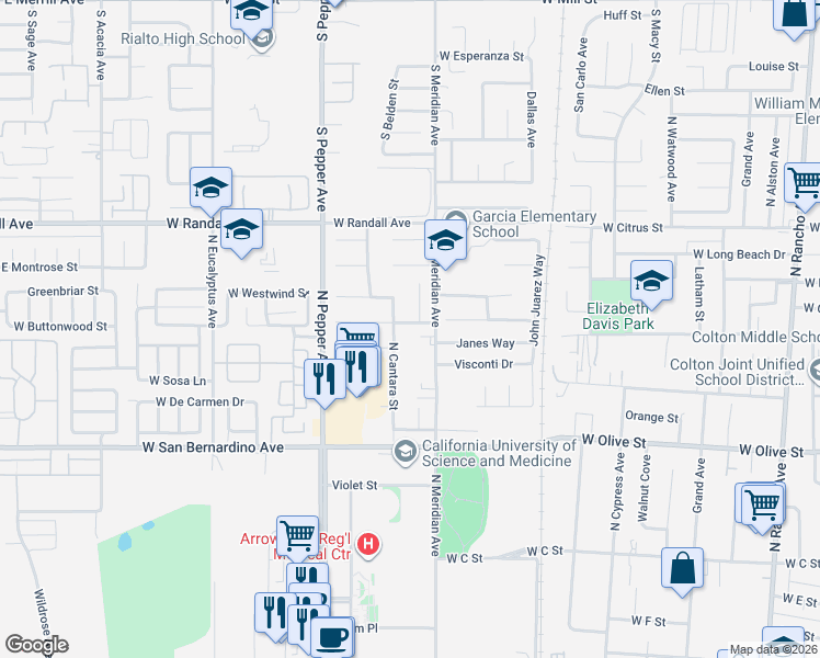 map of restaurants, bars, coffee shops, grocery stores, and more near 1440 West Poema Drive in Colton