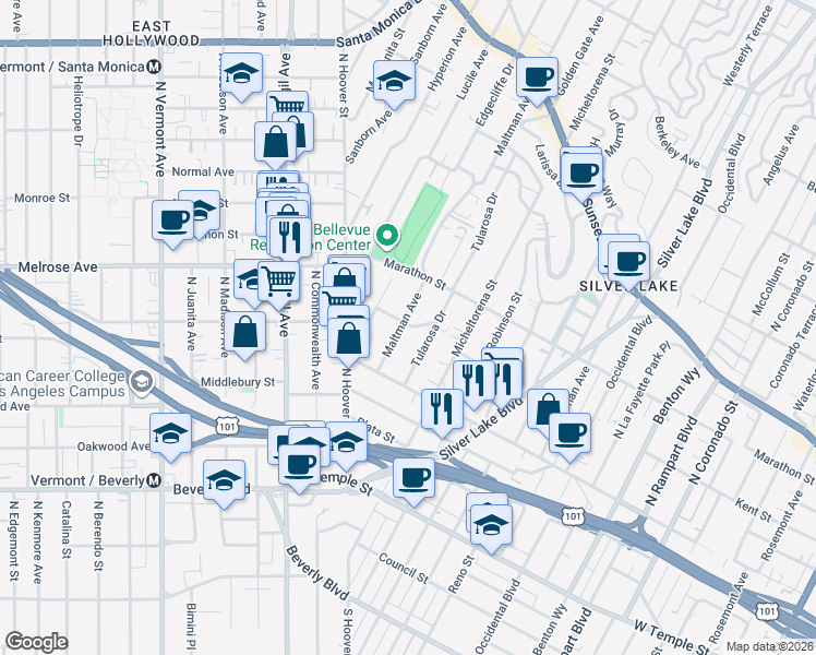 map of restaurants, bars, coffee shops, grocery stores, and more near in Los Angeles