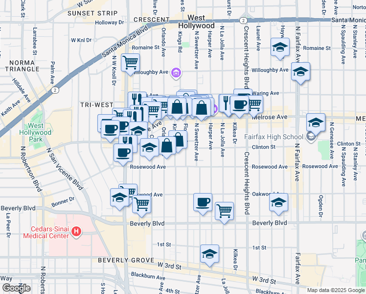 map of restaurants, bars, coffee shops, grocery stores, and more near 546 North Flores Street in West Hollywood