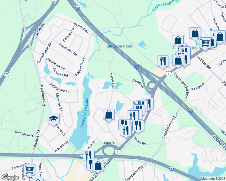 map of restaurants, bars, coffee shops, grocery stores, and more near 104 Springwoods Lake Drive in Columbia