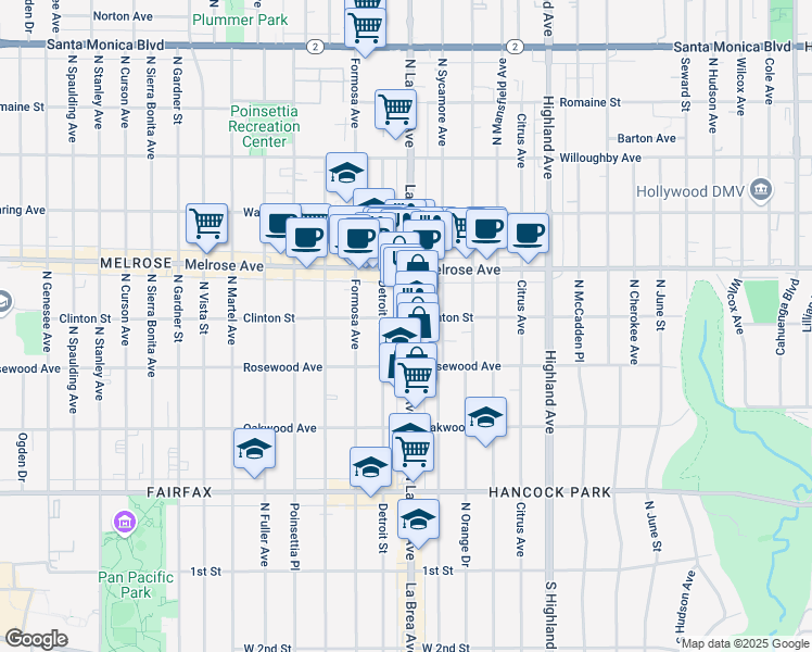 map of restaurants, bars, coffee shops, grocery stores, and more near 561 North La Brea Avenue in Los Angeles