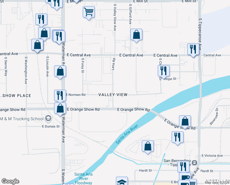 map of restaurants, bars, coffee shops, grocery stores, and more near 634 East Norman Road in San Bernardino