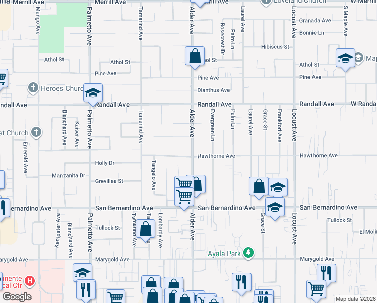 map of restaurants, bars, coffee shops, grocery stores, and more near 17690 Hawthorne Avenue in Fontana