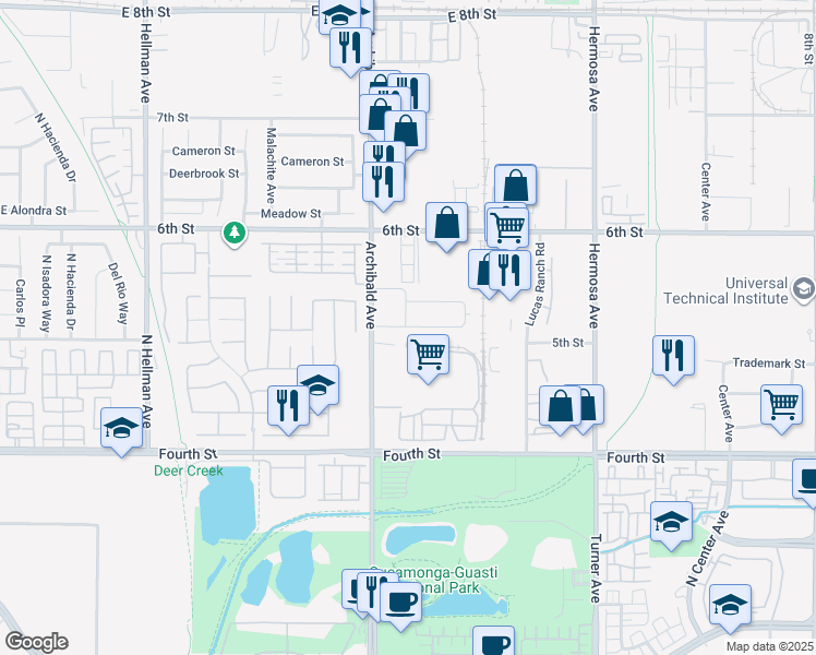 map of restaurants, bars, coffee shops, grocery stores, and more near 9899 Crescent Center Drive in Rancho Cucamonga