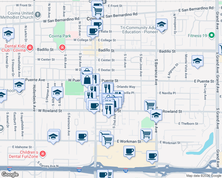 map of restaurants, bars, coffee shops, grocery stores, and more near 450 South 2nd Avenue in Covina