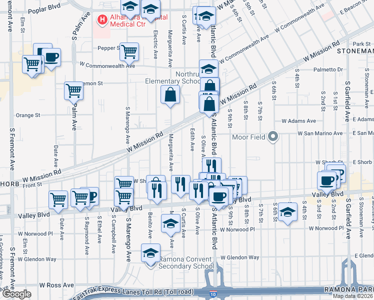 map of restaurants, bars, coffee shops, grocery stores, and more near 921 Edith Avenue in Alhambra
