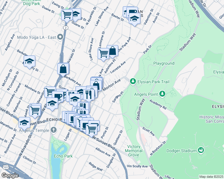 map of restaurants, bars, coffee shops, grocery stores, and more near 1654 Morton Avenue in Los Angeles