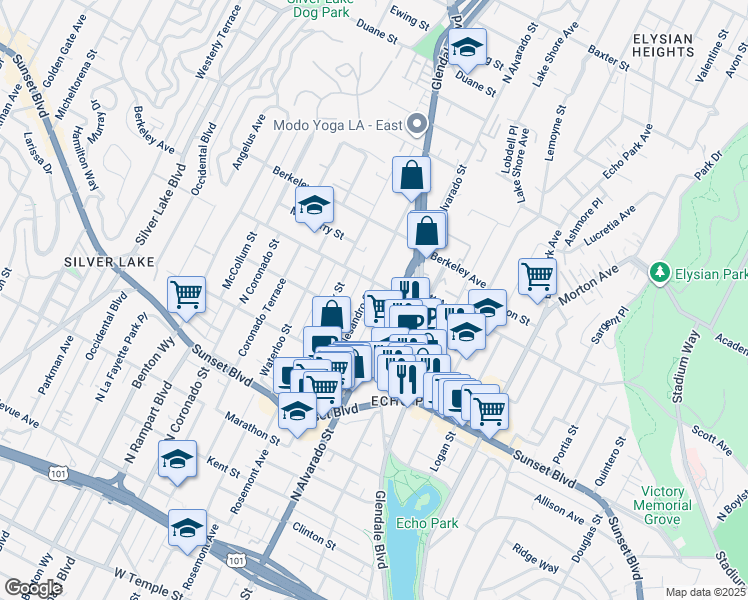 map of restaurants, bars, coffee shops, grocery stores, and more near 1425 North Alvarado Street in Los Angeles