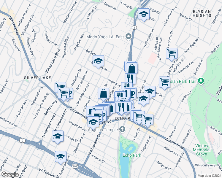 map of restaurants, bars, coffee shops, grocery stores, and more near 1411 Allesandro Street in Los Angeles