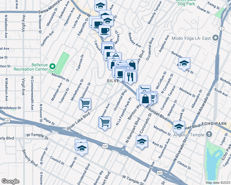 map of restaurants, bars, coffee shops, grocery stores, and more near 910 Silver Lake Boulevard in Los Angeles