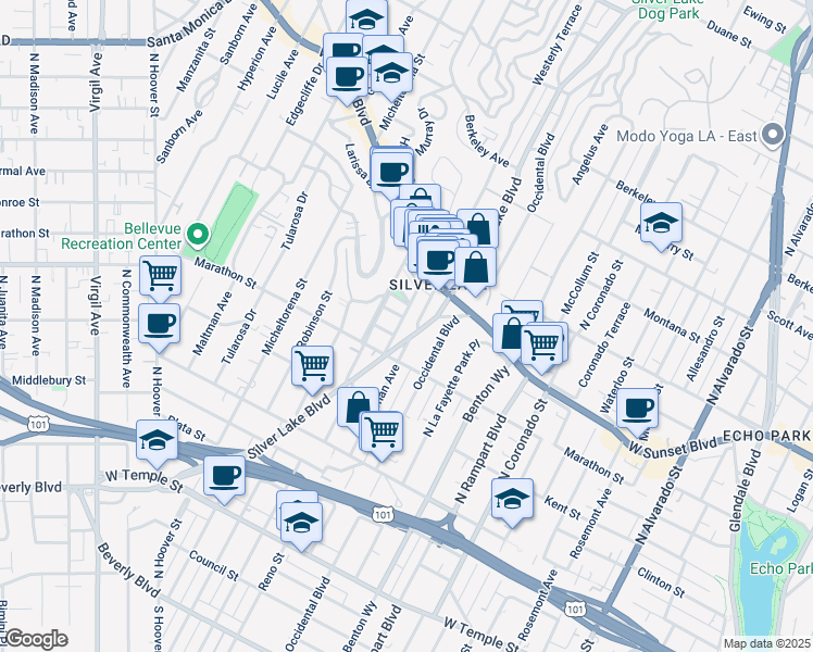 map of restaurants, bars, coffee shops, grocery stores, and more near in Los Angeles