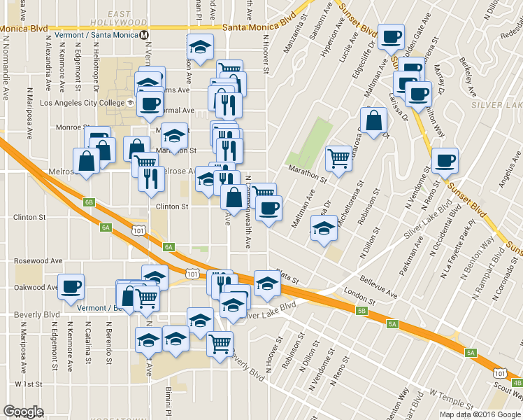 map of restaurants, bars, coffee shops, grocery stores, and more near 572 North Commonwealth Avenue in Los Angeles